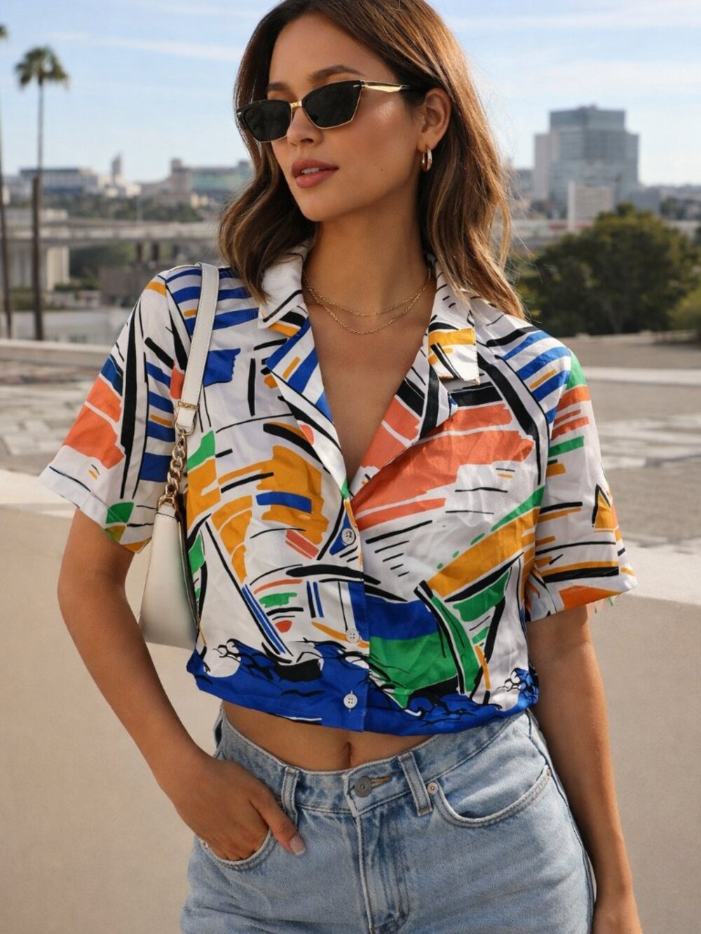 Zara Multicolor Abstract Short-Sleeve Blouse